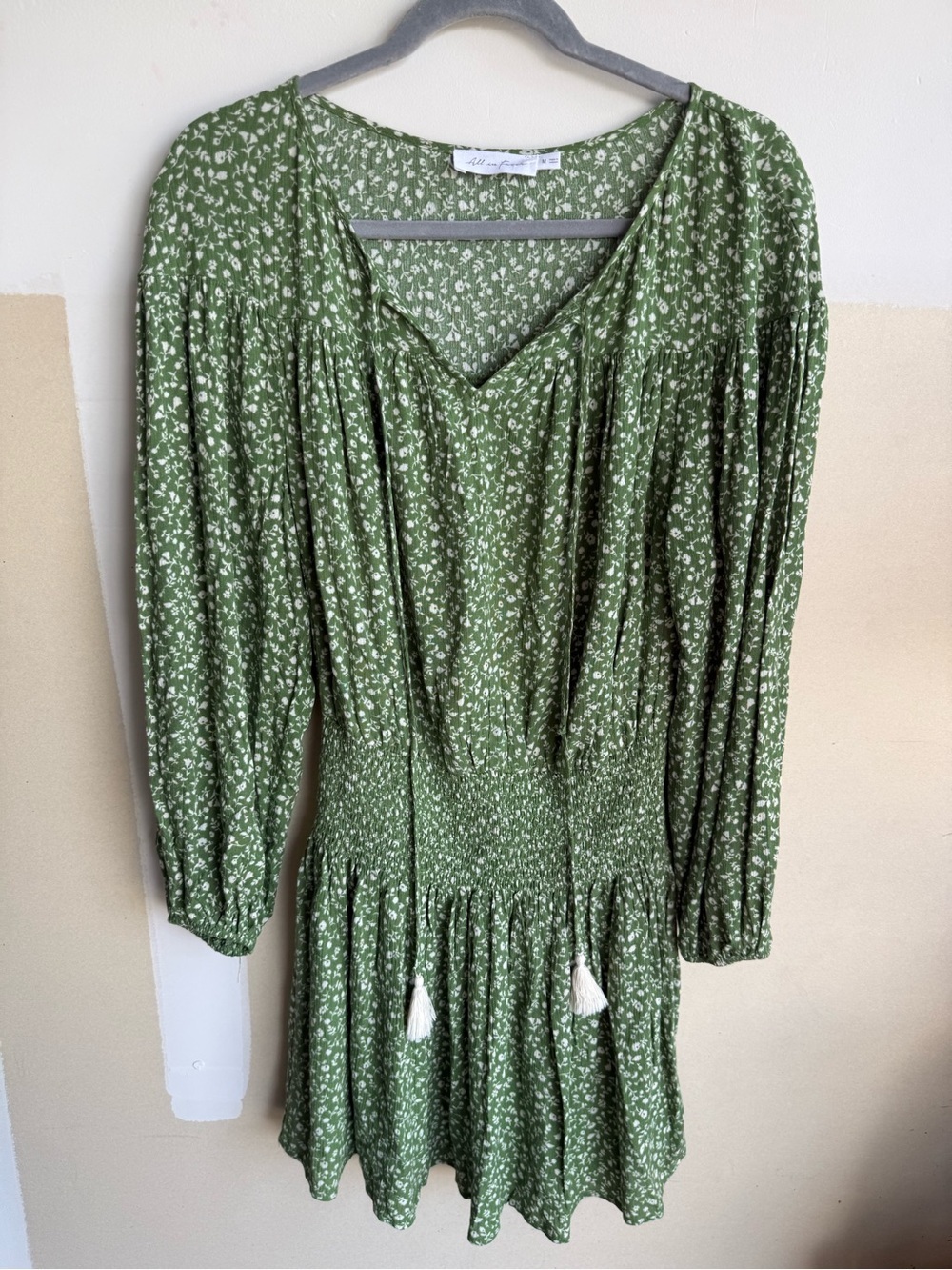 Green Floral Long-Sleeve Smocked Waist Dress